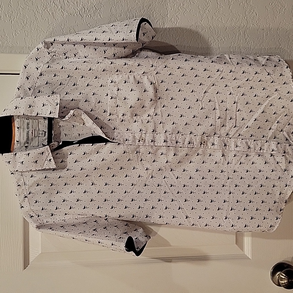 International Report White Shirt with Blue Flamingo Pattern